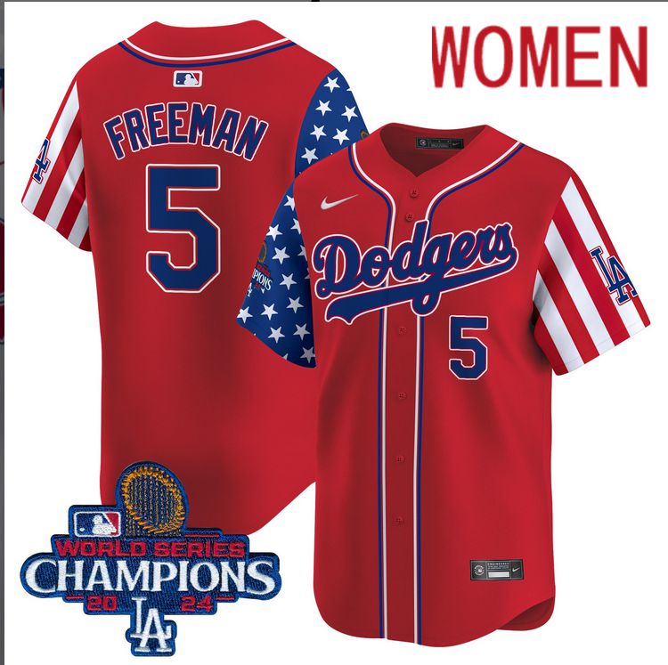 Women  MLB Los Angeles Dodgers #5 Freeman American Style red 2024 World Series Champions  Limited Jersey